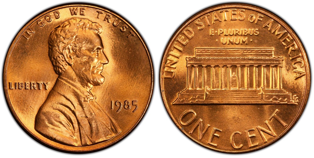 1985 Lincoln Memorial Penny obverse and reverse showing copper-red luster