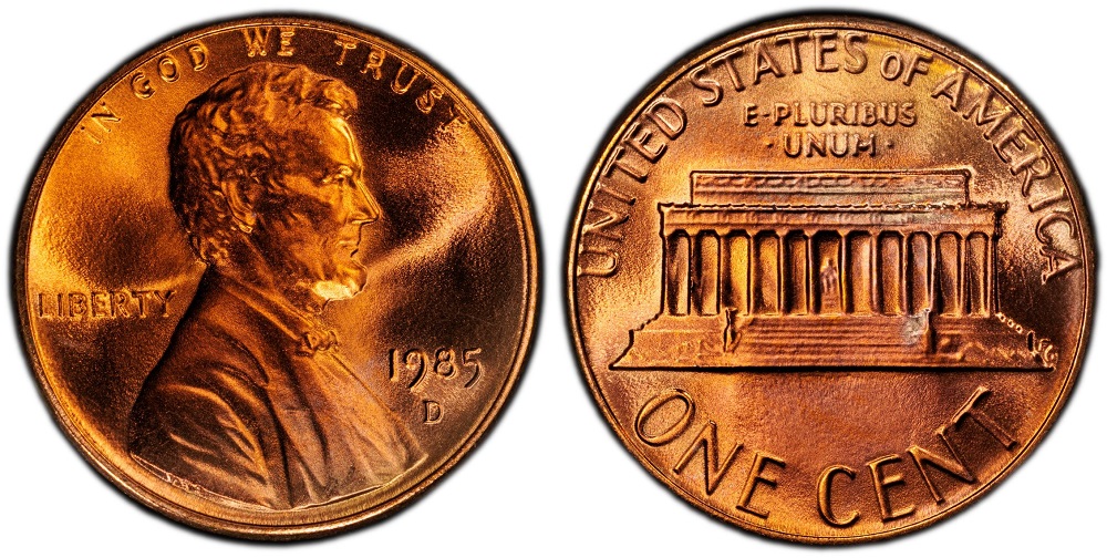 Side-by-side comparison of common 1985 penny vs 1985 doubled die obverse showing separation on LIBERTY