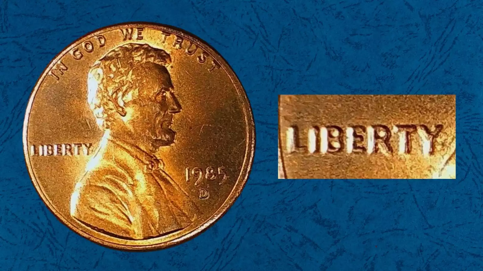 1985 Lincoln penny doubled die obverse showing doubling on LIBERTY inscription