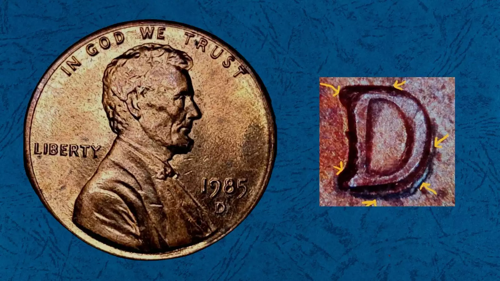 1985-D penny repunched mint mark showing secondary D impression offset from primary
