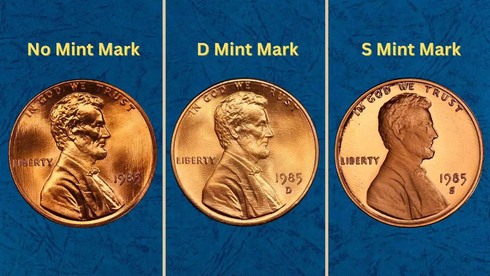 1985 Lincoln pennies from Philadelphia, Denver, and San Francisco proof showing all three mint marks